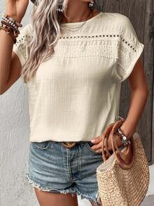 Breezaya Vacation Casual Solid Color Lace Patchwork Shirt - Apricot - View 6