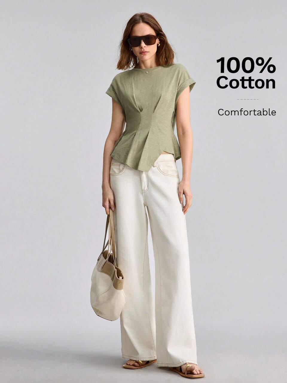 2026Summer Women's T-Shirt,Sage Green Casual Top,Short Sleeve Pleated Asymmetric Design,Fitted Knit Fabric Round Neck Elegant Office Occasion Fashion