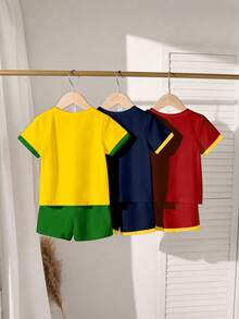 6pcs/Set Young Boys' Casual Colorblock Sports Jersey, Short Sleeve Round Neck T-Shirt And Matching Shorts, Comfortable Sports Outfit For Daily, Holidays, World Cup, New SS26 Fashion Summer Outfits - Multicolor - View 3