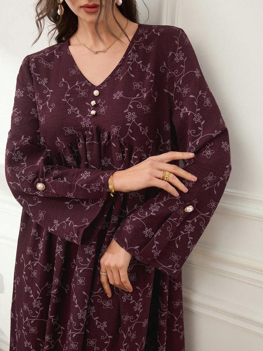 Al Najma Women's Floral Pattern V-Neck Button Decor Long Sleeve Arabian Dress