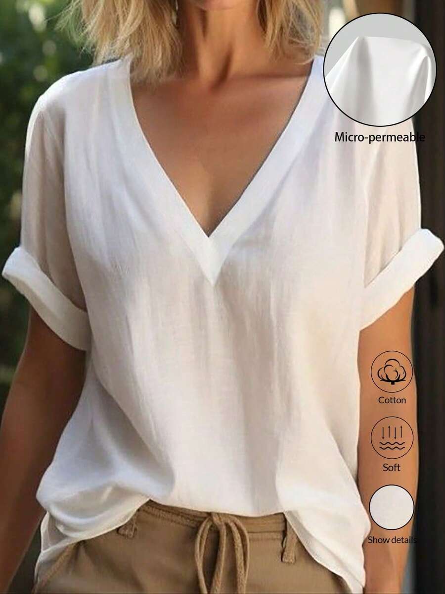 SHEIN LUNE 女士休闲日常通勤简约纯色V领卷边下摆短袖白色上衣 - 白色 - 查看 1