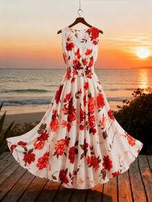 GlowEve CURVE Women's Plus Size V-Neck Floral Print Pleated Casual Party Beach Vacation Dress Red And White Summer - Red and White - View 2