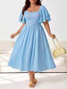 Solflare Plus Size Women's Elegant Vacation Style Solid Color Square Neck Layered Flutter Sleeve Shirred Bodice Flare Hem Dress - Baby Blue - View 1