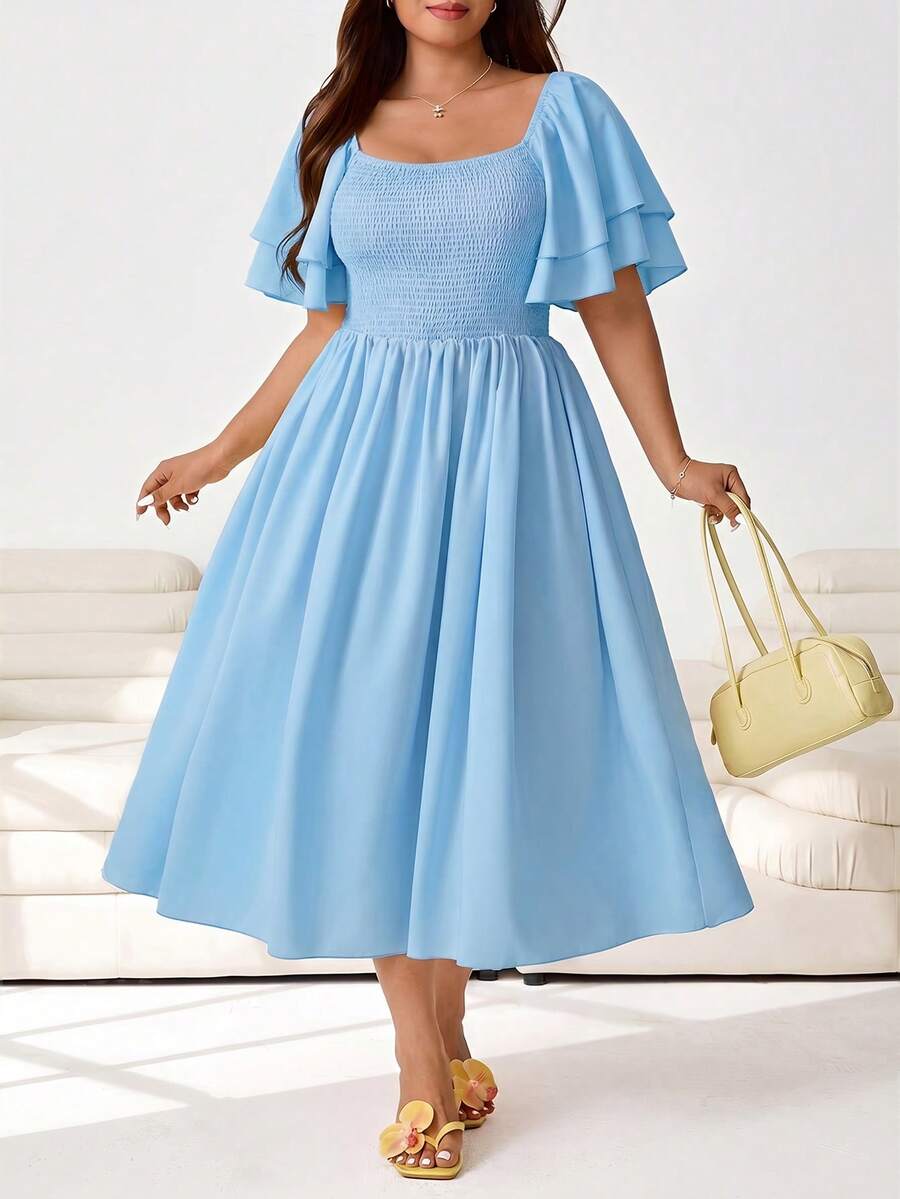 Solflare Plus Size Women's Elegant Vacation Style Solid Color Square Neck Layered Flutter Sleeve Shirred Bodice Flare Hem Dress - Baby Blue - View 1