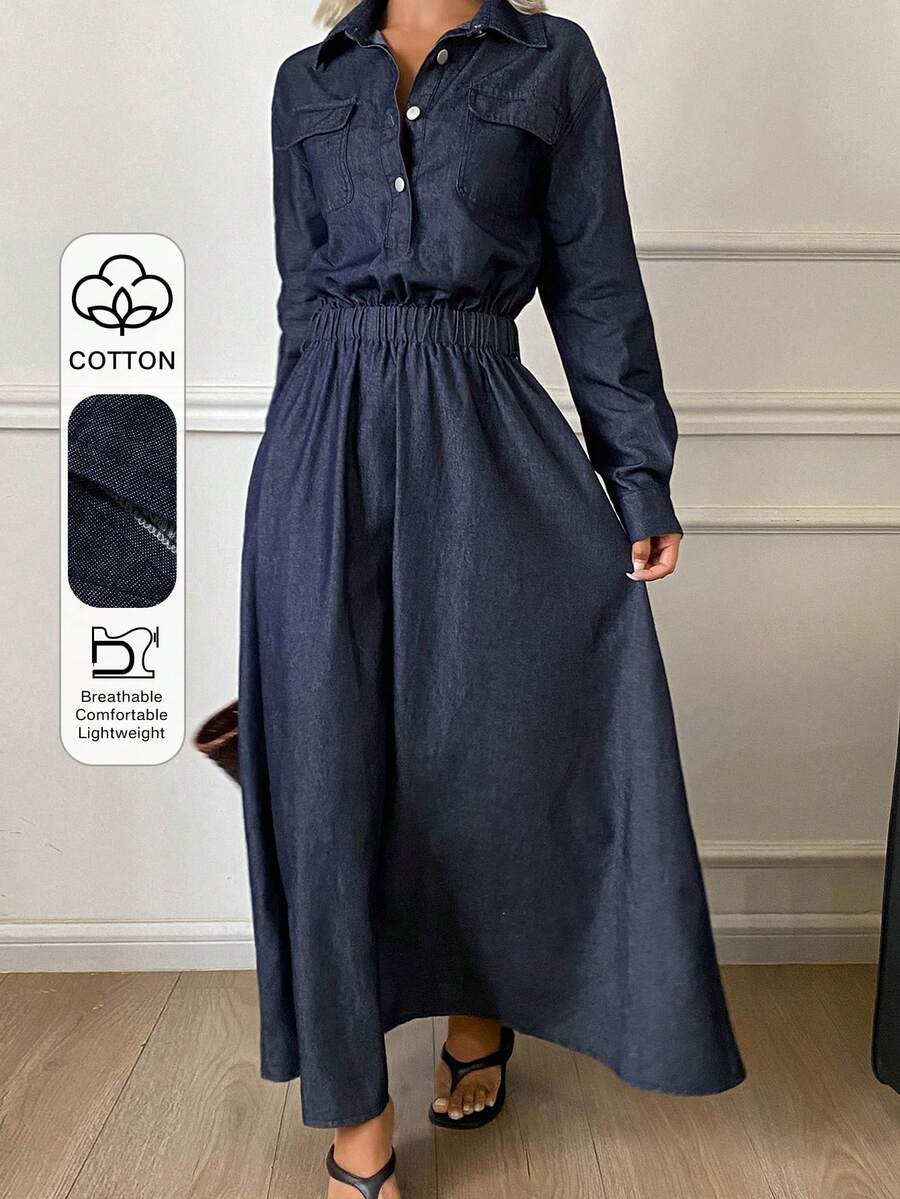 DAZY Summer Autumn Collared Cinched Waist Long Sleeve Solid Color Women's Denim Dress - Blue - View 1