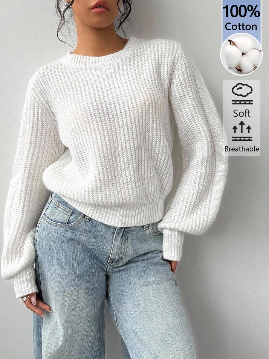 SHEIN BASICS Women's Round Neck Long Sleeve Solid Color Sweater