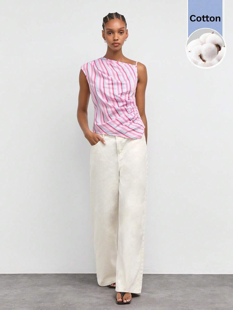 SHEIN Maija Women's Pink And White Striped Asymmetric Neck Fashion Casual Top, Going Out Dates Everyday Night Outfits, Summer Holiday Outfits