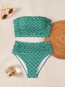 Swim Lushoire Women's Solid Color Bandeau Bikini Set With Double Side Ruched Details, Beach Summer Outfit - Green - View 2