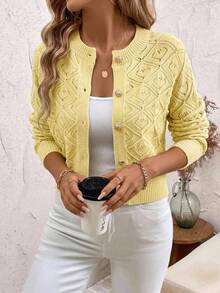 SHEIN Clasi Cárdigan de manga larga de unicolor de un solo pecho, casual y versátil para uso diario y salidas, talla grande para mujer - Amarillo - Ver 6
