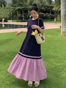 DAZY Women's Casual Color Block Patchwork Long Dress For Summer,Teacher Outfits - Navy Blue - View 10