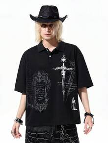 ROMWE MEN Men's Cross Slogan Print Casual Versatile Daily Wear Short Sleeve Polo Shirt - Black - View 5