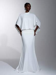 Elitara Elegant Women's Minimalist White Halter Neck Stand Collar Backless Floor-Length Mermaid Formal Evening Gown For Wedding Party - White - View 8