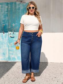 Vivid Eden Plus Size Women's Button Front Casual Loose Fit Denim Jeans - Dark Wash - View 3