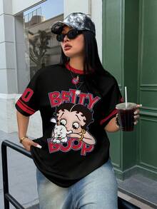 Betty Boop x SHEIN 大尺碼女款黑紅配色拼接卡通圖案字母印花百搭T恤 - 白色 - 查看 4