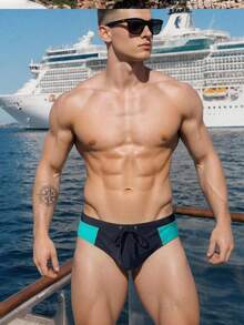 Manfinity Swimmode 2026新款拼色繩飾男士泳褲，黑色，適合夏季休閒海灘度假與泳池派對 - 彩色 - 查看 5
