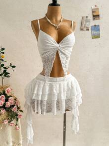 Soleia Women's Summer Elegant Solid Color Lace Twist Strap Skirt Two Pieces Set - White - View 5