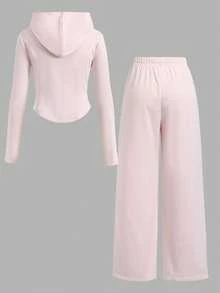 SHEIN Tween女孩休閒日常百搭舒適圓弧下擺夾克外套與長褲套裝 - 粉色 - 查看 8