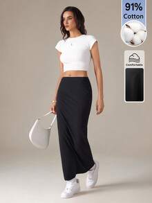 SHEIN Tall 女款 91% 棉黑色針織貼身裙 - 百搭基本款，適合外出、復古 Y2K 街頭風、Z 世代、返校、嘻哈、夜店、健身、運動、Z 世代與西方節慶 - 黑色 - 查看 3