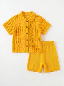 SHEIN 2件/組 嬰兒男童夏季休閒針織毛衣黃色上衣與休閒短褲，適合生日派對、狂歡派對、晚會、表演、婚禮、滿月、洗禮和首週年慶祝、度假穿搭 - 黃色 - 查看 4