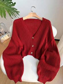 SHEIN EZwear 大尺碼女款紅色單排扣休閒針織開襟外套 - 紅色 - 查看 1