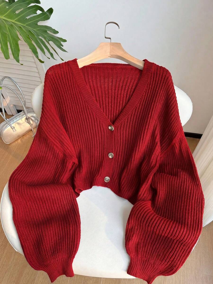 SHEIN EZwear 大尺碼女款紅色單排扣休閒針織開襟外套 - 紅色 - 查看 1