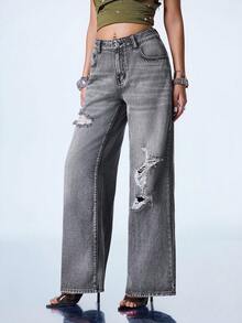 Y2Kool Gray Heavy Water-Washed Cotton Distressed Ripped Y2K Streetwear Grunge Punk Casual Street Style Loose Denim Jeans For Women Autumn Going Out Night Out - Grey - View 4