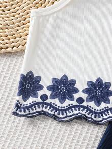 Souflis Souflis 2件組女童夏季創意3D刺繡裝飾細肩帶上衣，蕾絲飾邊與不對稱下擺，搭配休閒長褲套裝，返校季 - 藏蓝色 - 查看 10