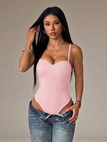 SHEIN PETITE 女款純色性感時尚細肩帶連身內衣，適合嬌小女性 - 粉色 - 查看 5