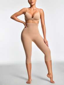 SHAPORA Women High Waist Solid Color Tight Mesh Patchwork Slimming Capri Leggings - Coffee Brown - View 4