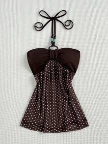 SHEIN EZwear 复古美式时尚棕色波点图案，饰以独特串珠圆环，夏季假日海滩度假时尚派对女式背心 - 棕色 - 查看 3