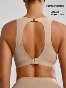 SHAPORA Top moldeador de malla transparente con contraste para mujer - Caqui - Ver 3