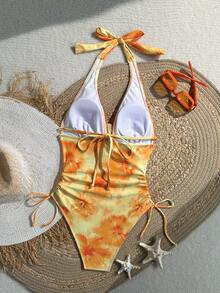 Swim Mod 女款夏季新款一件式泳衣，黃色漸層花卉隨機印花，3D花卉胸部細節，側面抽繩設計，度假海灘泳裝 - 黃色 - 查看 4