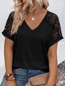 EMERY ROSE Women's Spring/Summer New Hot-Selling Lace Patchwork Design Casual Versatile Plus Size T-Shirt - Black - View 1