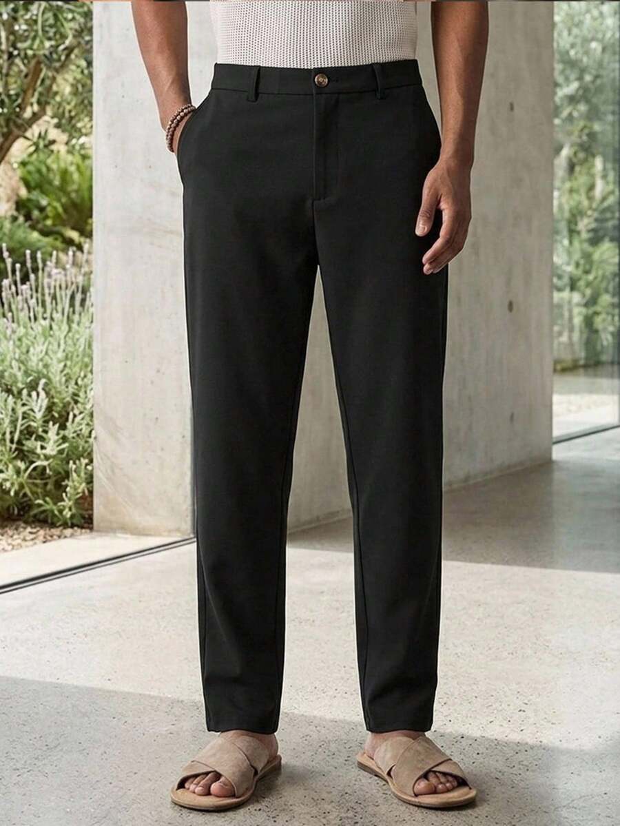 HIMLAND Quần tây nam dáng suông, cạp vừa, ôm vừa, vải dệt, phong cách casual, phù hợp cho mùa xuân và mùa hè - màu đen - Xem 1