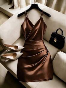 GlowEve Women's Elegant Sexy Coffee Brown Satin Glossy High Stretch Knit Cami Mini Dress, V Neck Spaghetti Strap Ruched Wrap Bodycon Party Date Night Summer - Brown - View 3