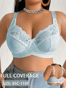 DesireSculpt Plus Size Lace Patchwork Non-Wired Bralette Single Piece - Mint Blue - View 6