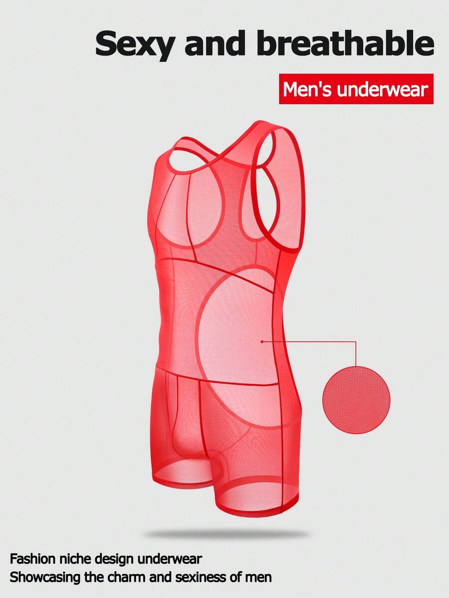 SHEIN DrisQ Men's Sheer Mesh Tank Top Jumpsuit Sexy Lingerie - Red - View 1