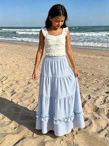 Girls' White Umbrella Skirt With Voluminous Hem, Long Length, Minimalist Japanese Style Elegant Ruffled Hem Versatile A-Line Skirt - Blue - View 4