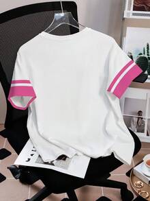 LOONEY TUNES X SHEIN Women's Fashion Cute Striped Contrast Color Short Sleeve T-Shirt - White - View 2