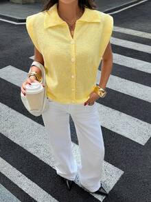 Siren Gaze Chaleco de punto ligero estilo francés, corte holgado, amarillo pálido, suave, con cuello, botones delanteros, versátil, casual, minimalista, ropa de trabajo, uso diario, otoño - Amarillo - Ver 6