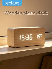 Teckwe 1pc Smart Wood Grain Digital Alarm Clock With Temperature Display, Adjustable Alarm Wake‑Up Reminder,Bedroom Office Decor, Birthday Graduation Gift, Dual Power Supply: USB Plug‑In / Dry Battery(4 AAA Batteries Not Included, Buy Separately) - White - View 2