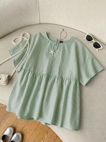 SHEIN EZwear 女款大尺碼條紋圓領短袖休閒上衣 - 薄荷綠 - 查看 1