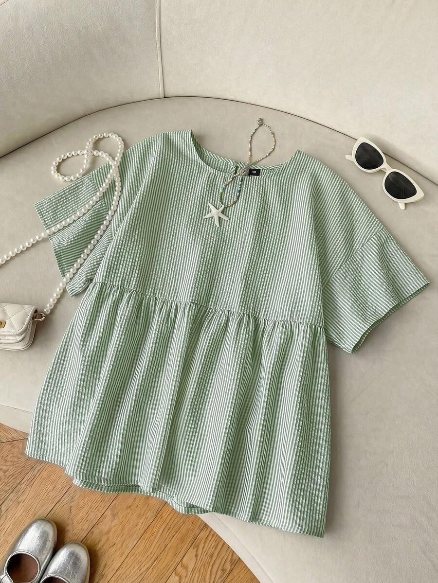 SHEIN EZwear 女款大尺碼條紋圓領短袖休閒上衣 - 薄荷綠 - 查看 1