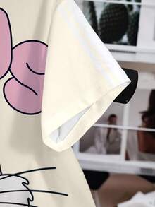LOONEY TUNES X SHEIN 女款圓領卡通印花休閒街頭風可愛百搭日常夜店出遊T恤 彩虹 夏季 校園 米色 - 白色 - 查看 5