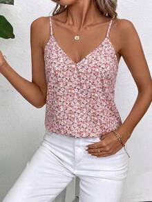 SHEIN Clasi 女款碎花休閒百搭細肩帶背心上衣，適合度假穿搭 - 粉色 - 查看 7