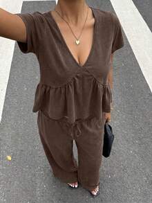 Muchica Chocolate Brown Plus Size Women 2 Pieces Set, Spring/Summer - Chocolate Brown - View 1