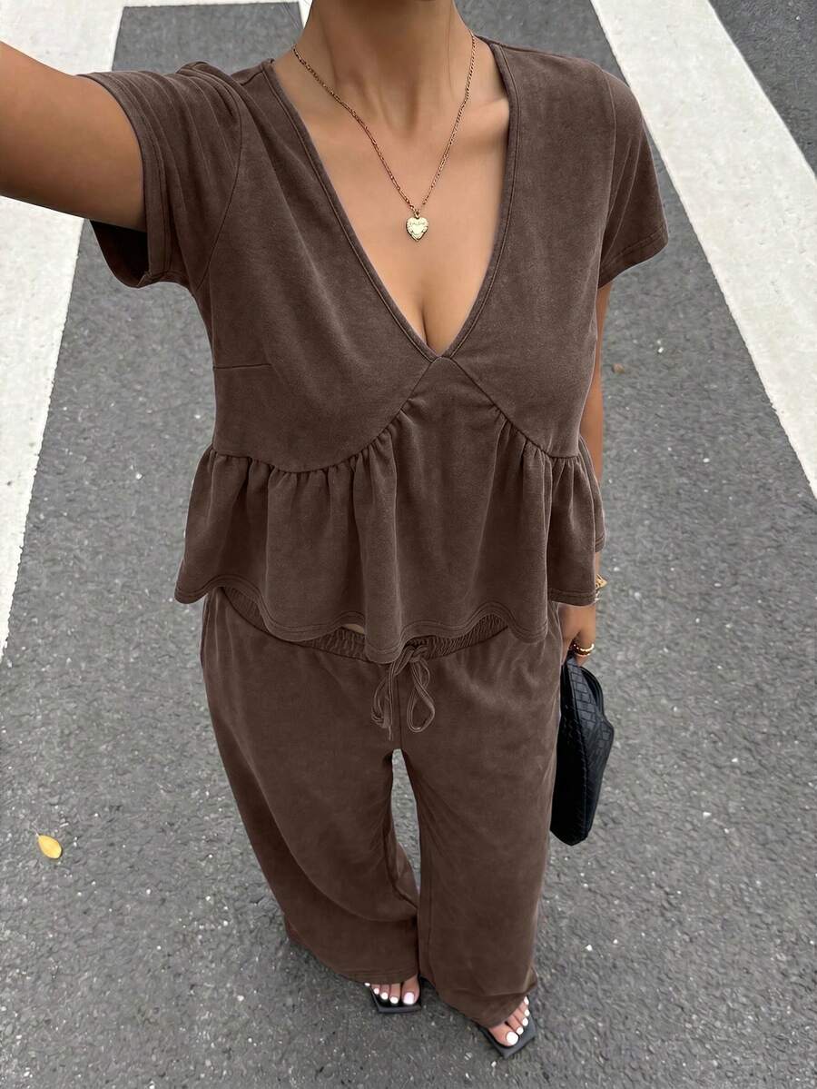 Muchica Chocolate Brown Plus Size Women 2 Pieces Set, Spring/Summer - Chocolate Brown - View 1