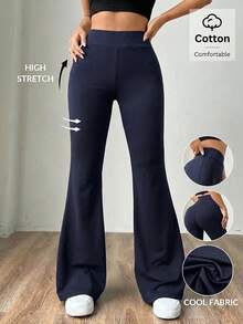 SHEIN EZwear 女款素色高腰修身喇叭針織運動風長褲 - 藏蓝色 - 查看 1