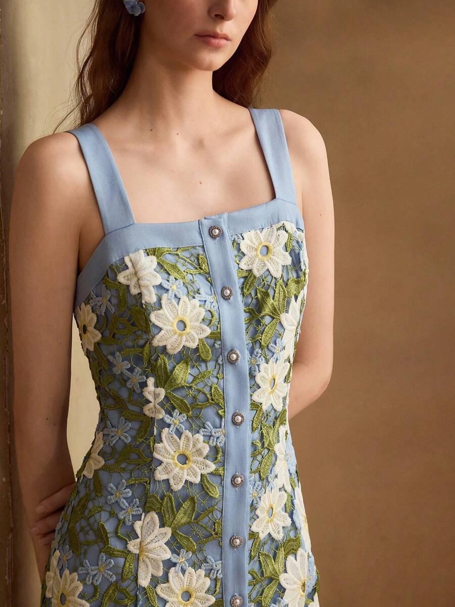 MOTF PREMIUM SPRING SUMMER WOMEN'S DENIM EFFECT EMBROIDERED FLORAL PATCHWORK WAIST-CINCHED DRESS - Blue - View 2