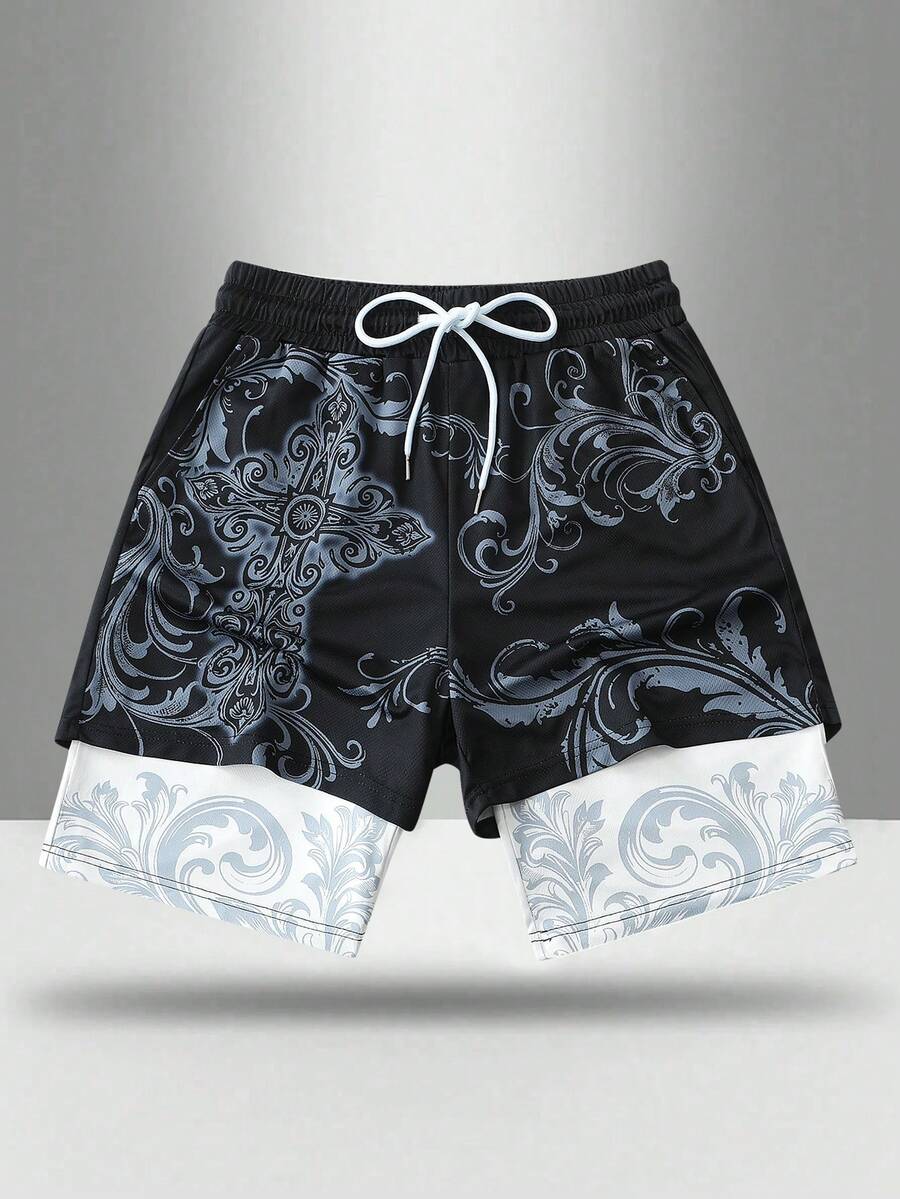 ROMWE MEN Anime Men's 2 In 1 Dragon Print Sports Basketball Shorts, Suitable For Daily Wear In Spring And Summer - Black - View 1